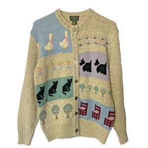 90s Vintage Charter Club WOOL Cardigan M Cottagecore Grandma Farm Ducks Cats Dog